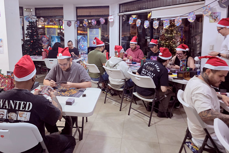 Players gathered around a tabletop event